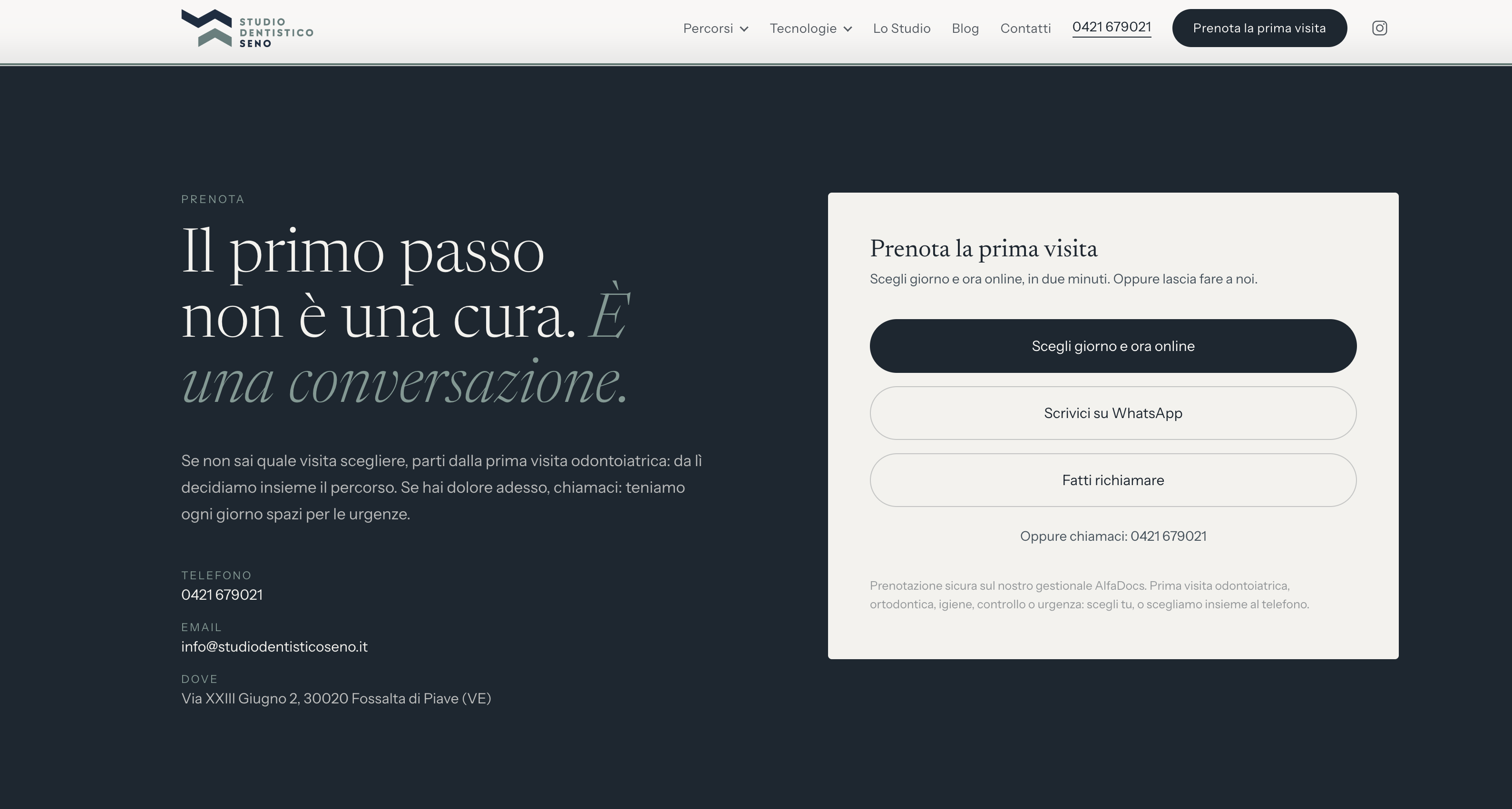 Sezione Prenota del sito: prenotazione online, WhatsApp, richiamata e telefono